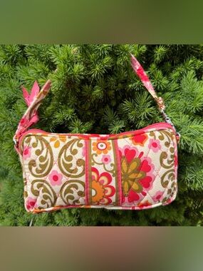 Vera Bradley Folkloric Orange & Pink Flowers Mini Small Handbag Purse Wristlet